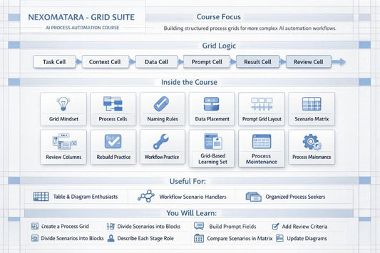 Screenshot of a software interface for Nexamotara Grid Suite with course focus and grid logic elements.
