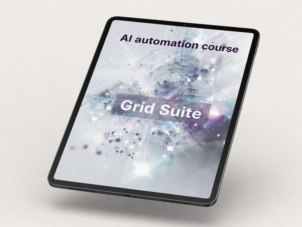 Tablet displaying 'AI automation course' by 'Grid Suite' on a light gray background
