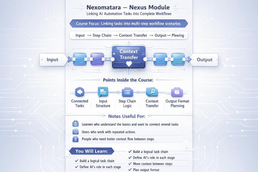 Nexomatara Nexus Module diagram with workflow steps on a light blue background