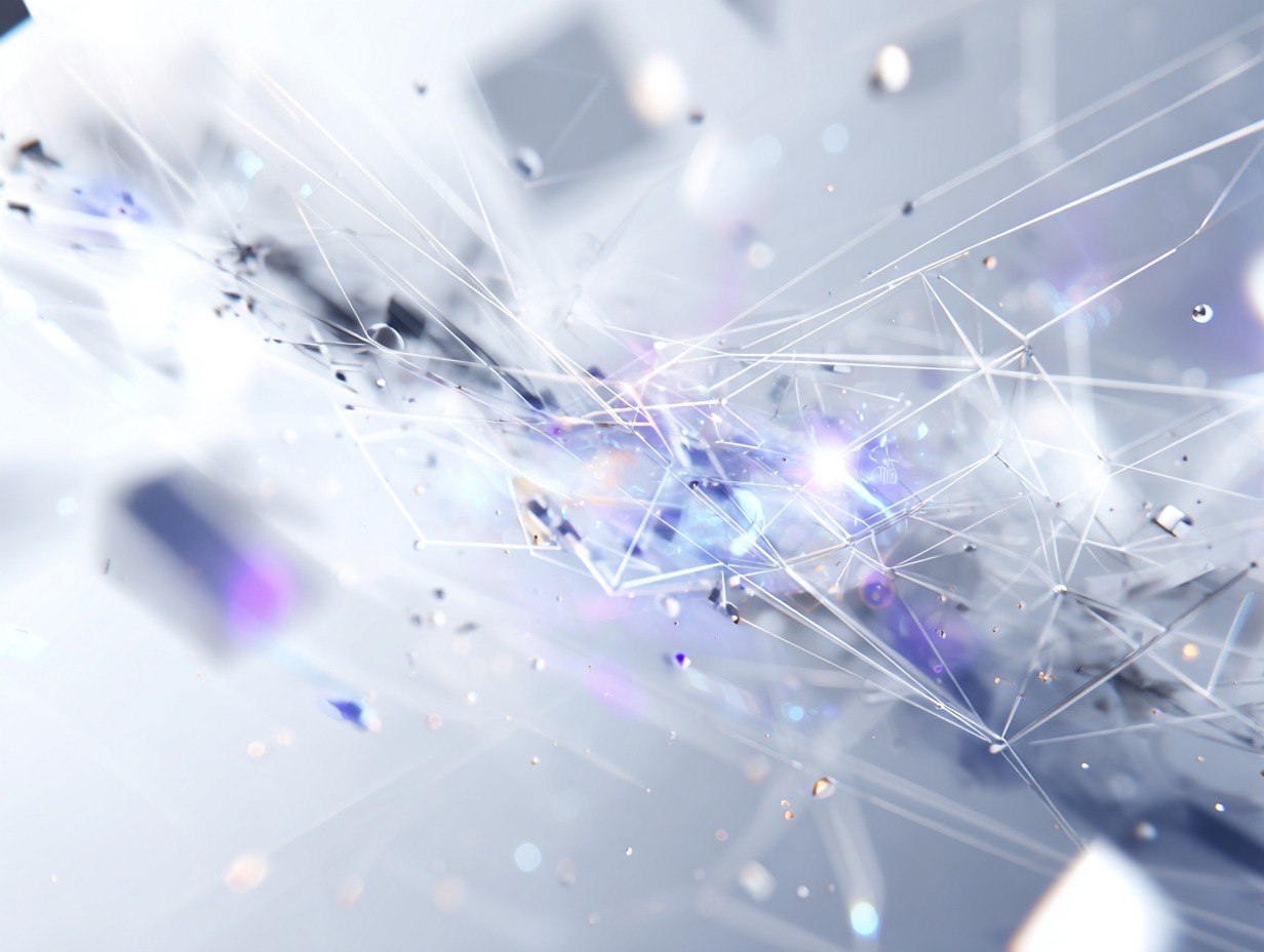 Abstract network-like design with geometric shapes and light effects on a gray background