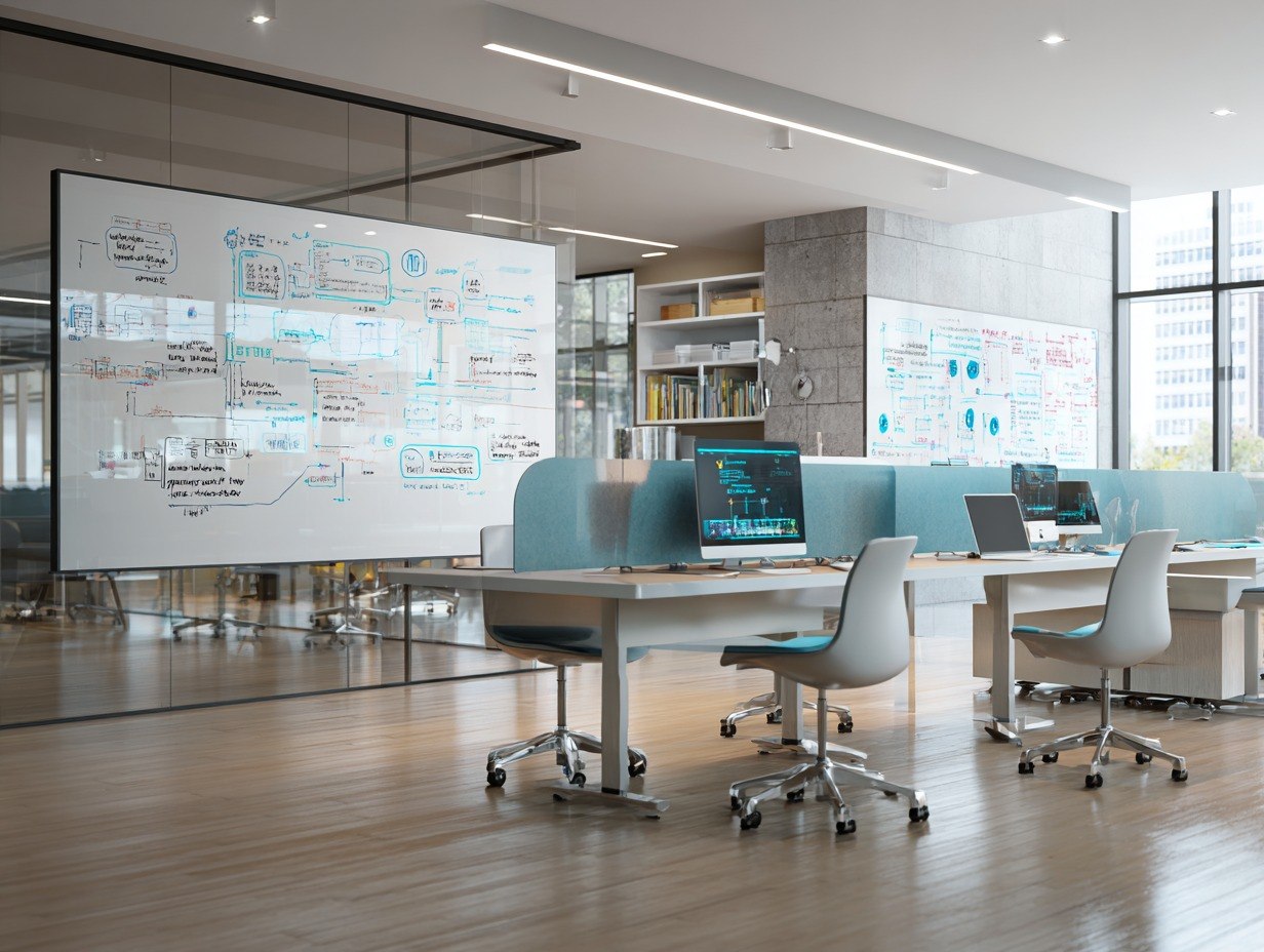 Modern office space with large whiteboard, desks, and chairs.