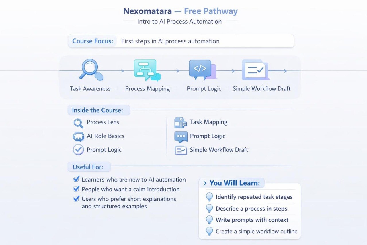 Screenshot of Nexomatara's AI process automation course overview on a white background