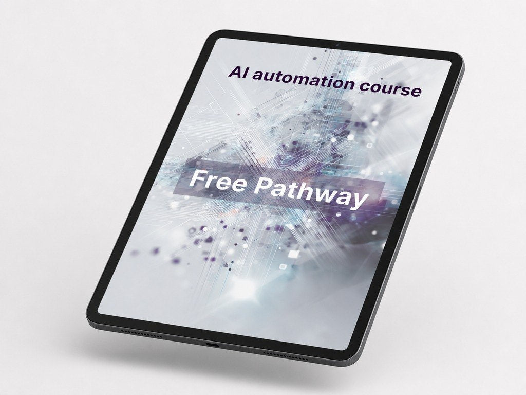 Tablet displaying an advertisement for an AI automation course with 'Free Pathway' text on a light gray background.