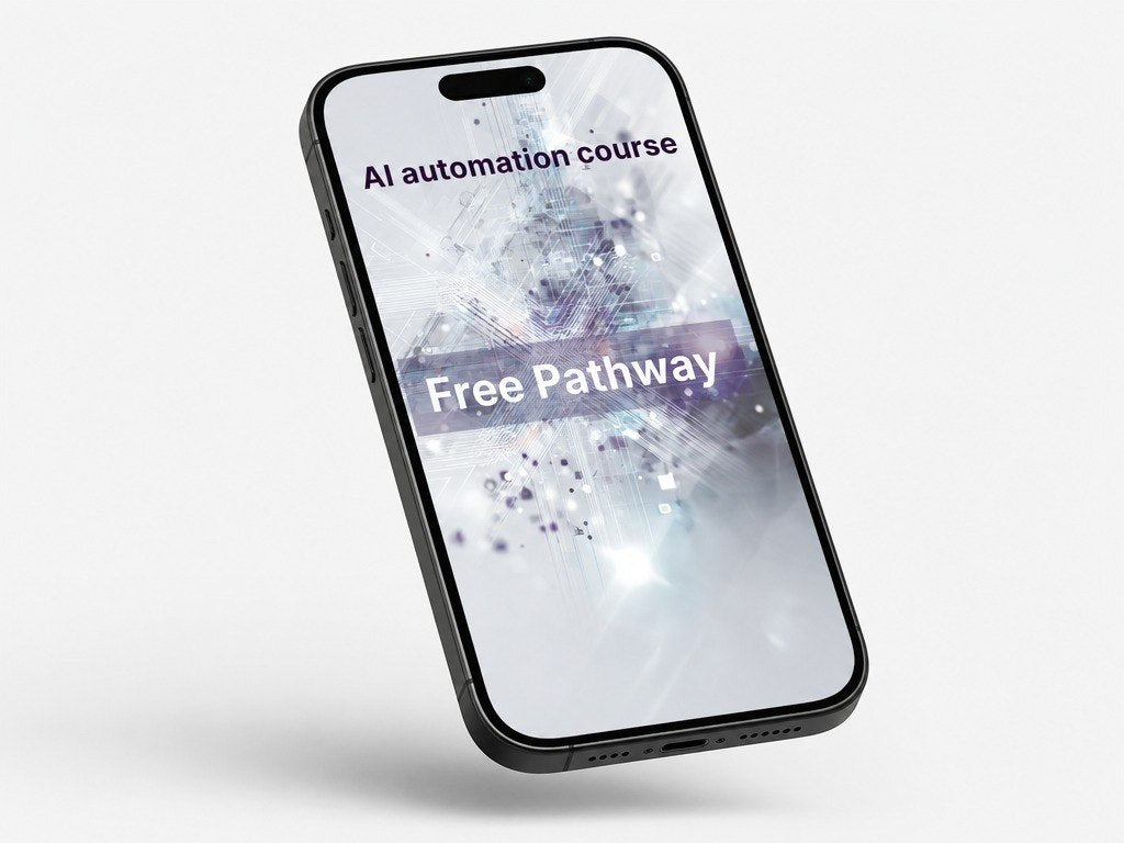 Phone displaying 'AI automation course' and 'Free Pathway' on a white background