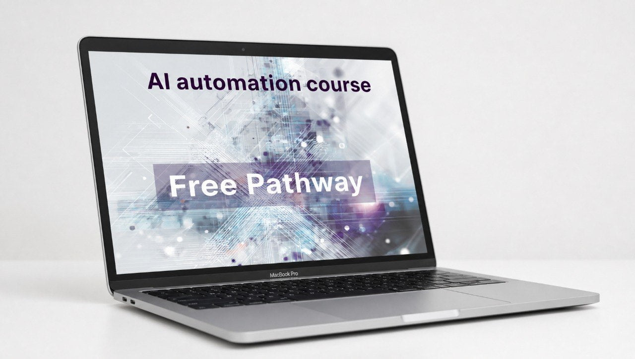 Laptop displaying an AI automation course with 'Free Pathway' on a white background