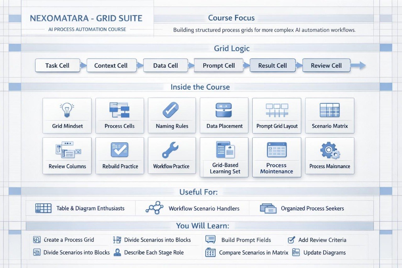 Screenshot of a software interface for Nexamotara Grid Suite with course focus and grid logic elements.