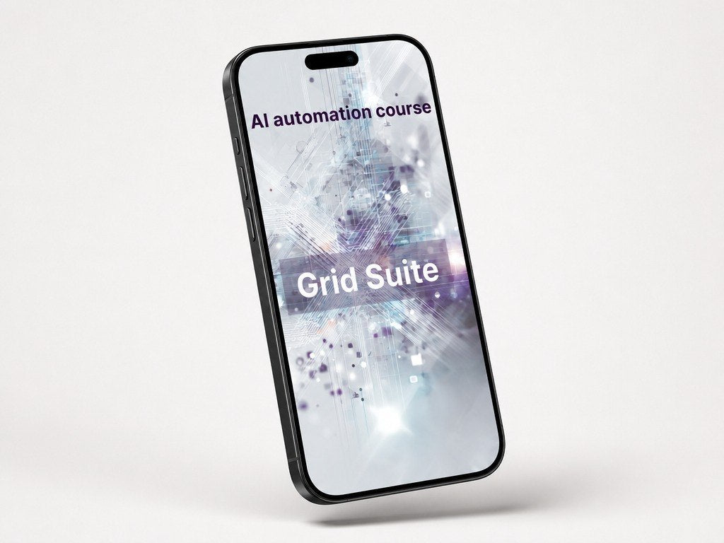 Phone displaying 'AI automation course' and 'Grid Suite' on a white background