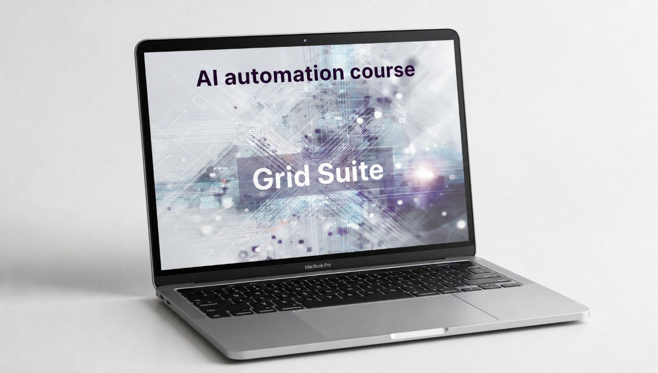 Laptop displaying 'AI automation course' and 'Grid Suite' on a light background