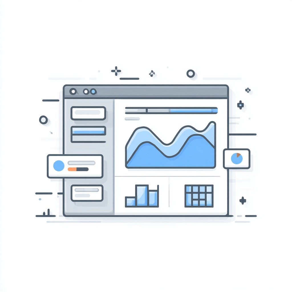 Illustration of a web browser with graphs and charts on a white background