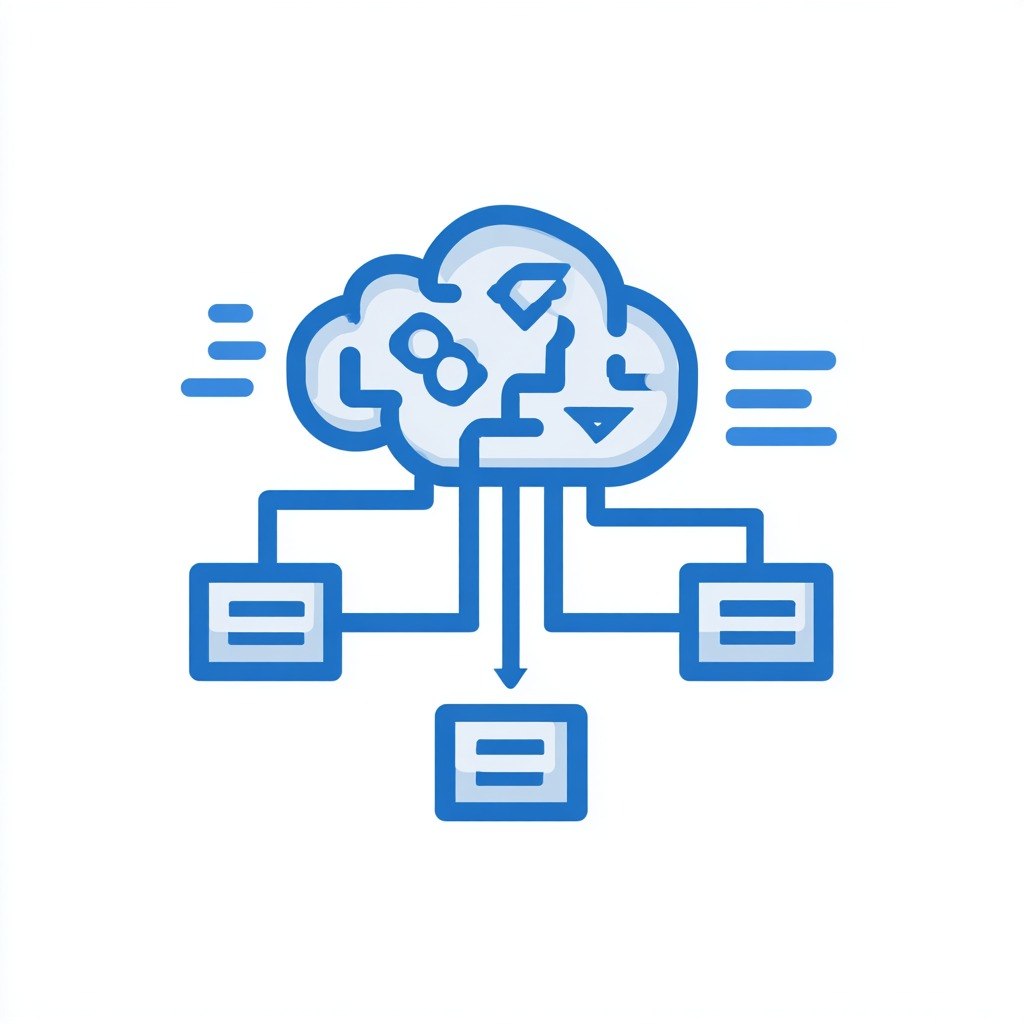 Blue icon of a brain with connected lines and boxes on a white background