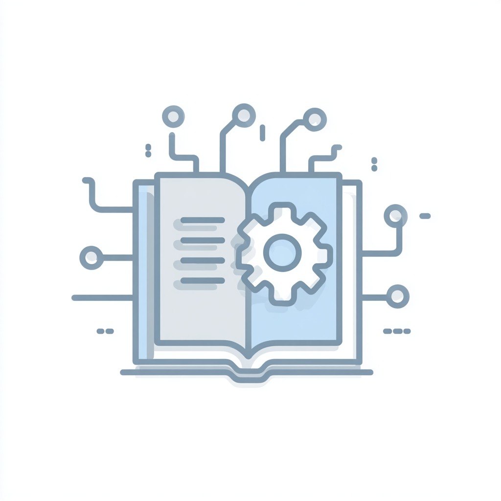 Icon of an open book with a gear inside, surrounded by circuit-like lines on a white background.