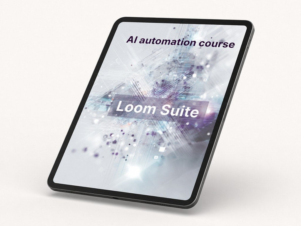 Tablet displaying 'AI automation course' and 'Loom Suite' on a white background