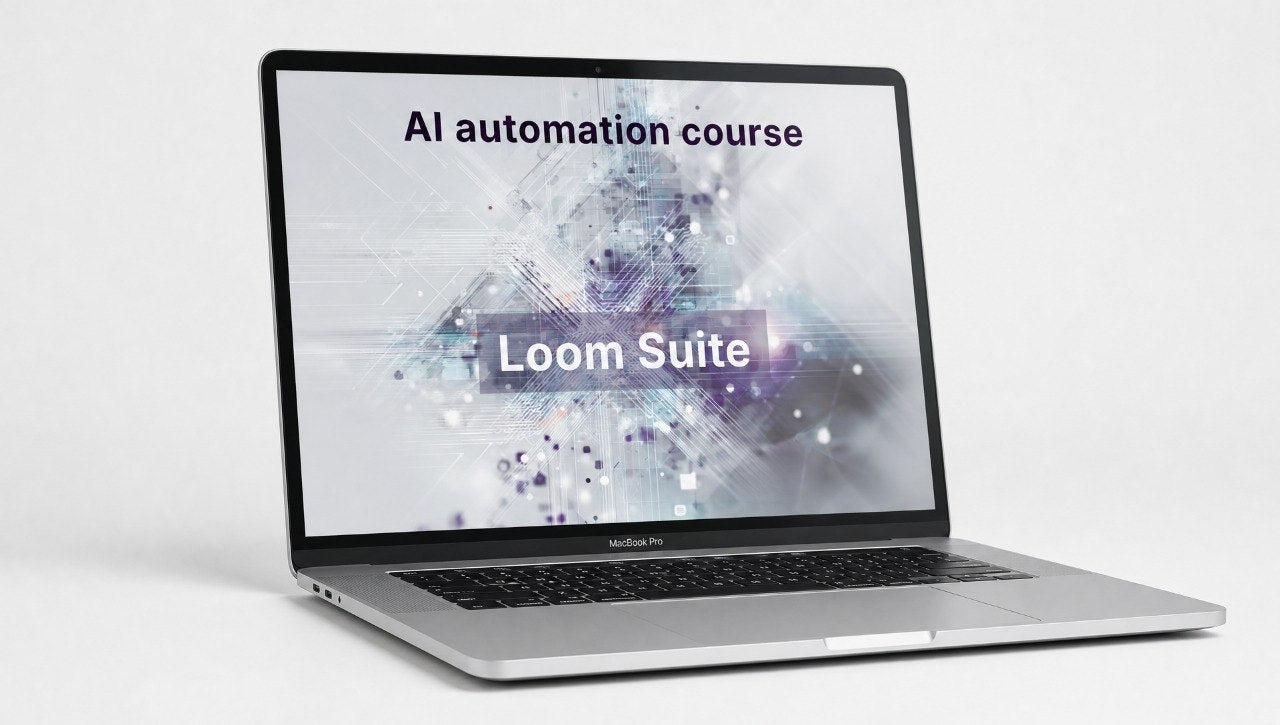 Laptop displaying 'AI automation course' and 'Loom Suite' on a light gray background