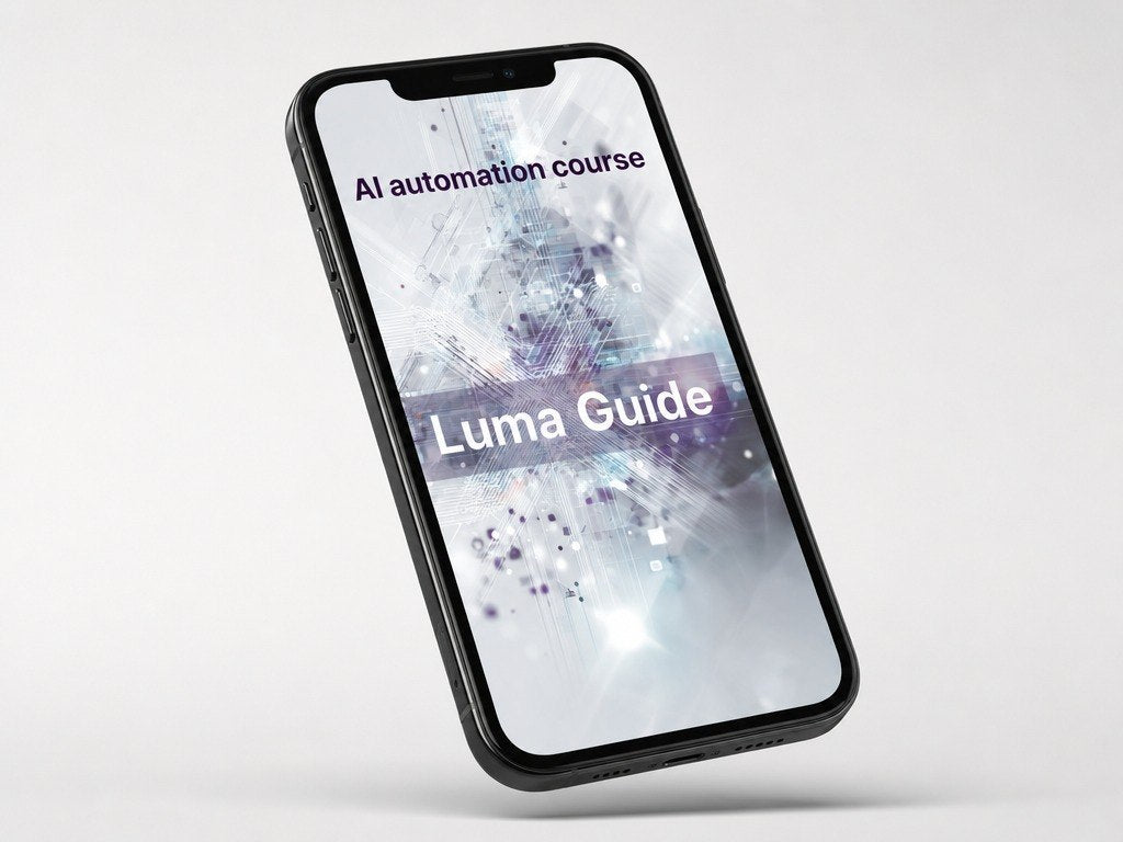 Phone displaying 'AI automation course' and 'Luma Guide' on a light gray background