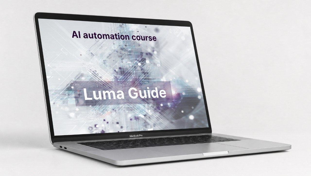 Laptop displaying 'AI automation course' by Luma Guide on a white background