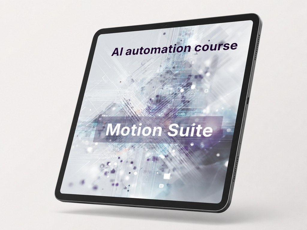 Tablet displaying 'AI automation course' and 'Motion Suite' on a light gray background