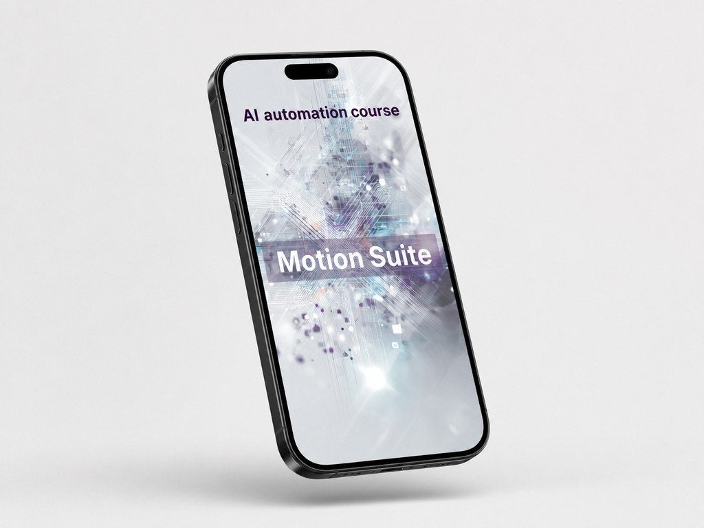 Phone displaying 'AI automation course' and 'Motion Suite' on a light gray background