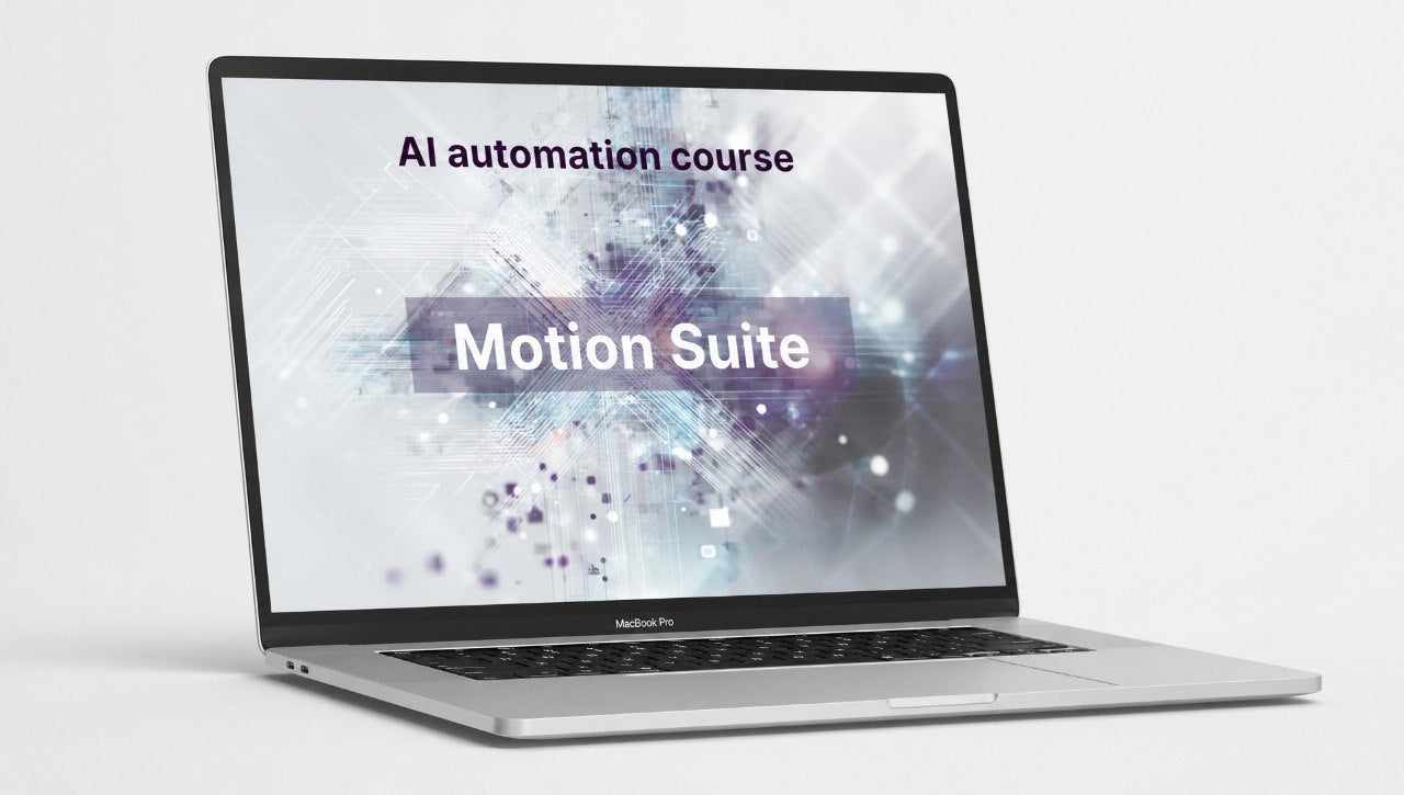 Laptop displaying 'AI automation course Motion Suite' on a white background