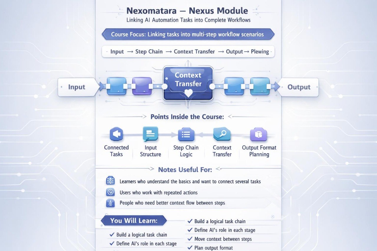 Nexomatara Nexus Module diagram with workflow steps on a light blue background