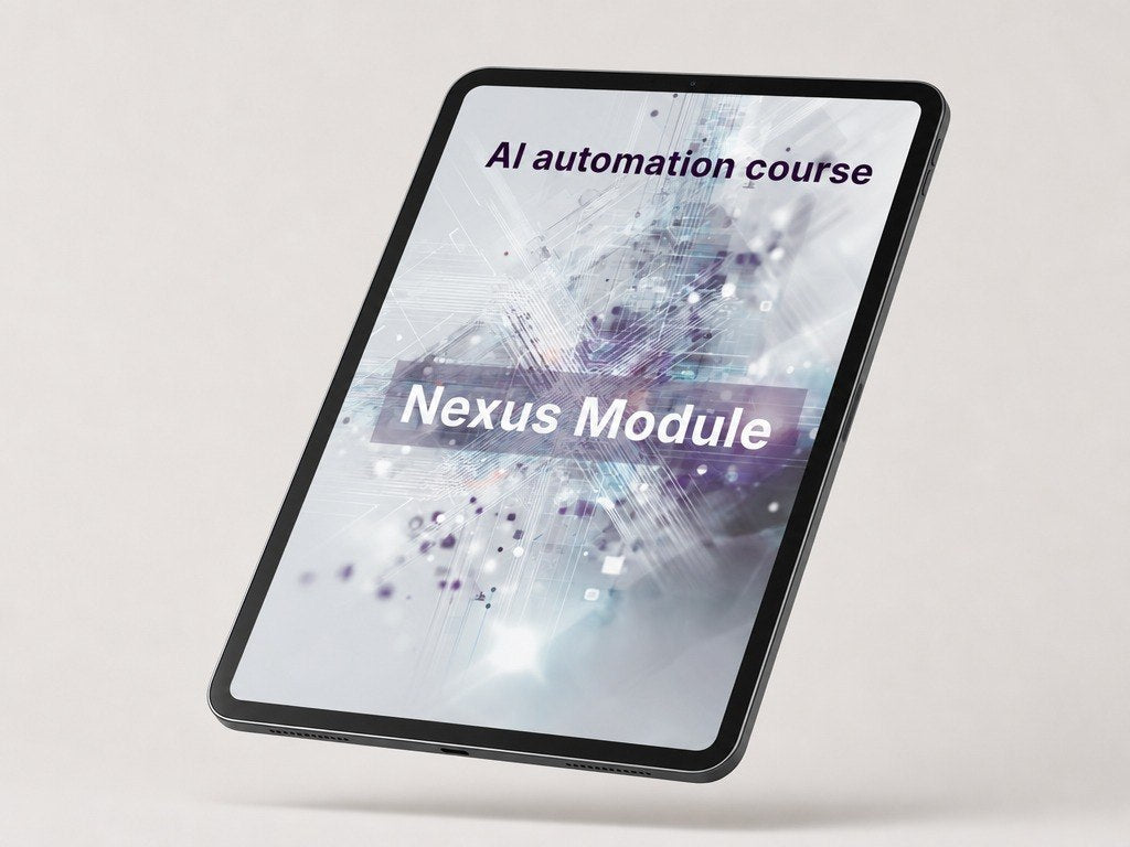 Tablet displaying 'AI automation course Nexus Module' on a light gray background
