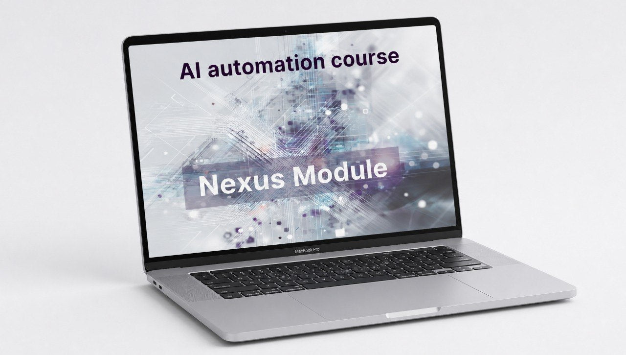 Laptop displaying 'AI automation course Nexus Module' on a white background