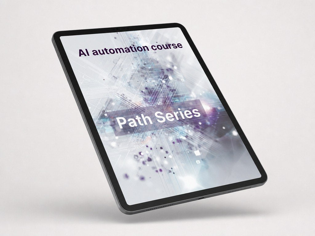 Tablet displaying 'AI automation course Path Series' on a white background