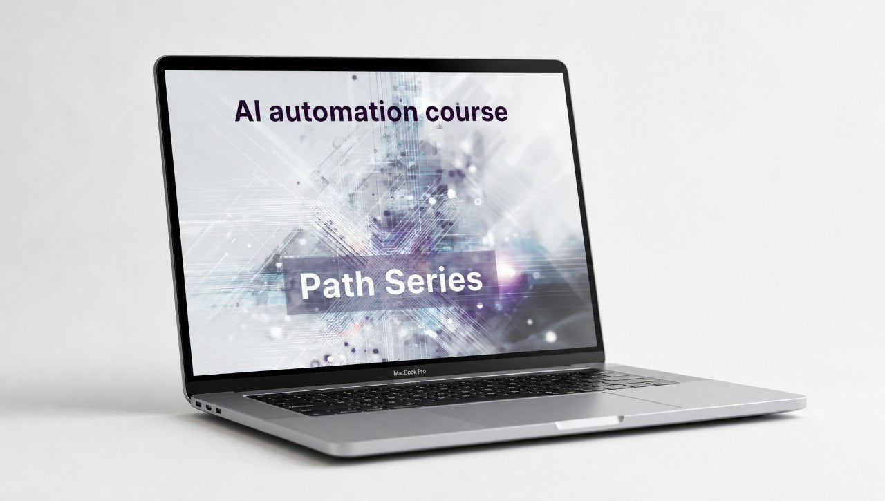 Laptop displaying 'AI automation course Path Series' on a white background