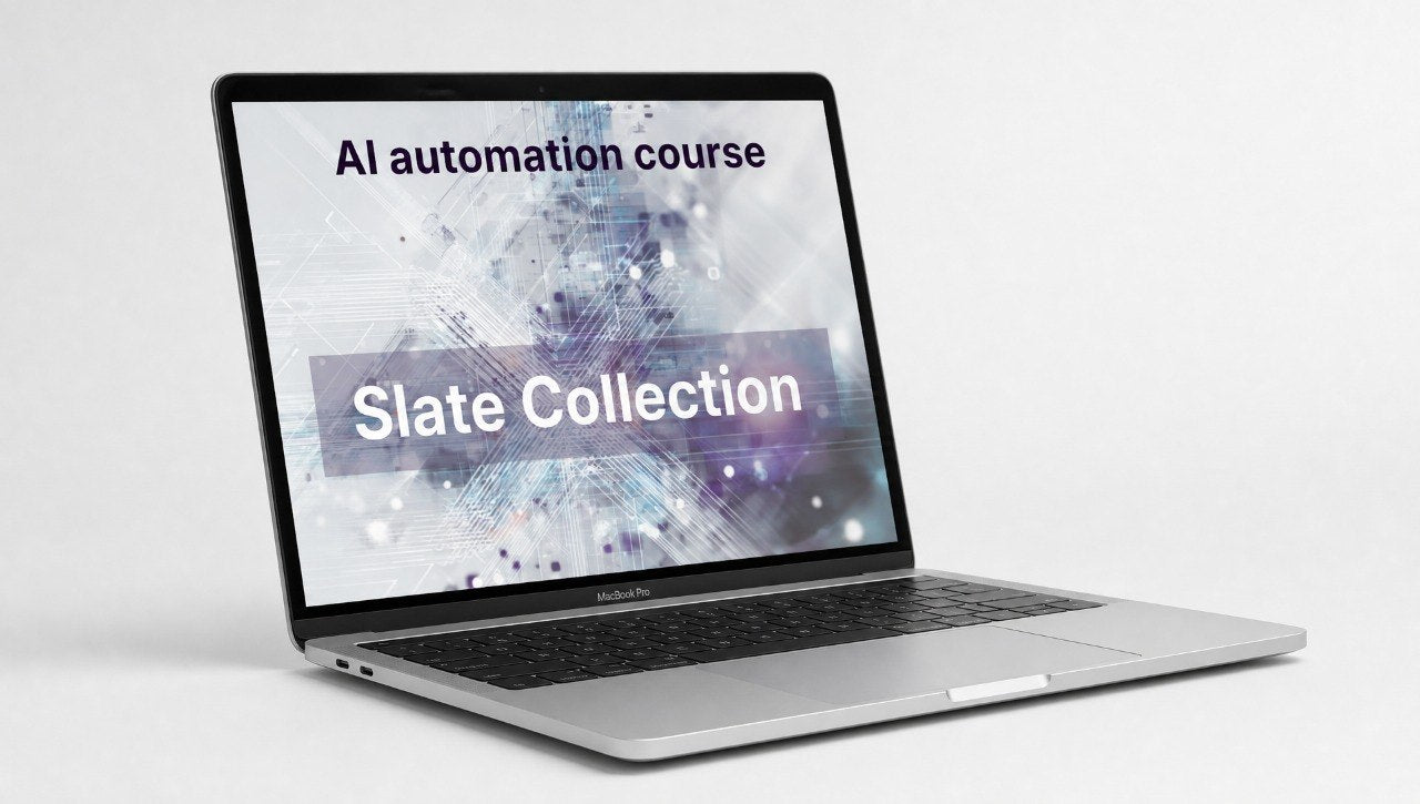 Laptop displaying 'AI automation course Slate Collection' on a white background